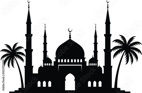 Islamic mosque silhouette with palm trees, minarets, domes, and crescent moon, black and white religious architecture vector illustration design