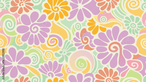 A floral pattern with pastel colors featuring flowers and swirls in a retro style design aesthetic