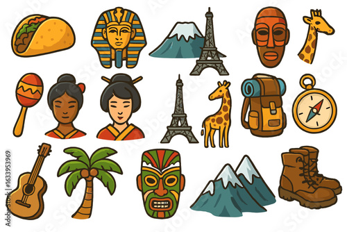 Diverse Travel and Culture Vector Icons Set. Cartoon Symbols of World Exploration, Adventure, Cultural Landmarks, Food, Music, Hiking, Nature, Safari and Navigation on Transparent Background