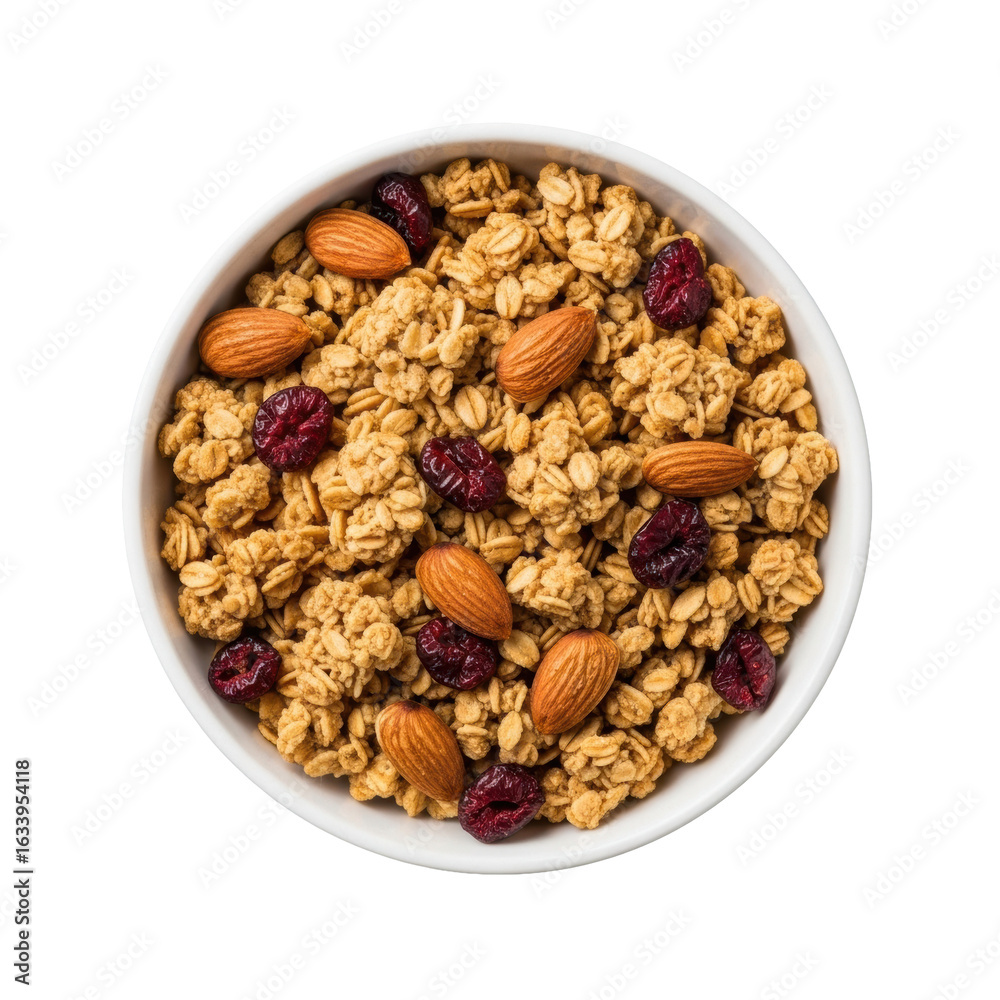 Fototapeta premium Perfect white ceramic bowl of golden oat granola with almonds and cranberries, top-down on transparent background, ultra realistic studio photo, healthy breakfast commercial food concept
