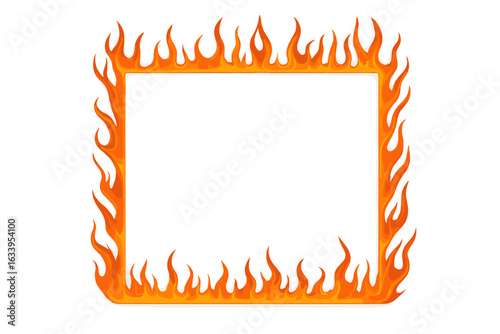 Fiery frame border vector, burning flame square design, hot orange blazing edge, realistic fire effect, transparent background, decorative fire motif, isolated SVG illustration, heat warning template