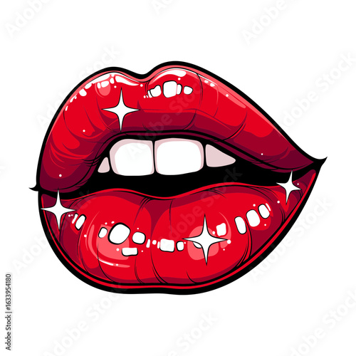 Wallpaper Mural Glossy red woman lips with shiny sparkles and teeth. Mouth pop art style concept. Vector illustration for fashion, beauty, makeup design Torontodigital.ca