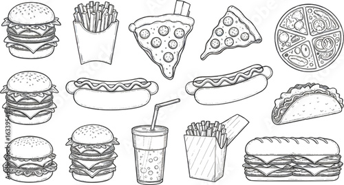 A monochrome drawing showcasing a variety of fast food items including burgers pizza and hotdogs etc