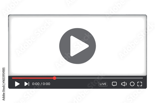 Modern video player interface vector illustration. Streaming media player controls. Play button, progress bar, live broadcast UI elements. Online video streaming template. Web multimedia UI concept.