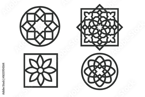 Islamic geometric ornament set with interlaced arabesque patterns, traditional Arabic art, floral and abstract motifs, square and circular shapes, vector line design, ethnic decorative elements