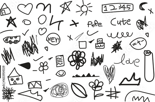 Chalk scribble doodle elements set for poster, social media. Crayon handwritten doodles. Rough hand drawn marker sketch with brush grunge texture. Vector illustration of kids or teens pencil drawing.