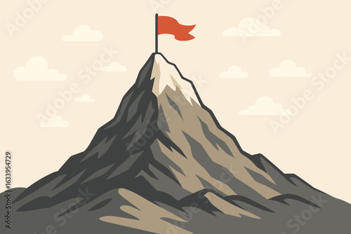 Achievement on Mountain Summit—Flag on Peak Symbolizing Goal Success, Business Strategy, Leadership, Vision, Ambition, Planning, Motivation, Challenge, Success. Mountain Landscape Vector Illustration