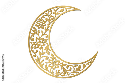 Elegant golden crescent moon with intricate floral arabesque ornament, Islamic decorative vector, luxury Ramadan Kareem, Eid Mubarak symbol, ornate religious ornament, transparent background PNG