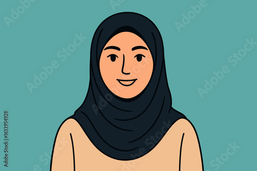 Muslim woman wearing black hijab portrait illustration. Modest female figure in hijab. Flat vector design with teal blue background. Woman empowerment, diversity, cultural identity, religion