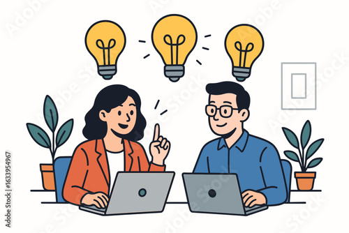 Creative business teamwork concept with man and woman collaborating in modern office, generating ideas using laptops and light bulb icons, flat design vector illustration on white background