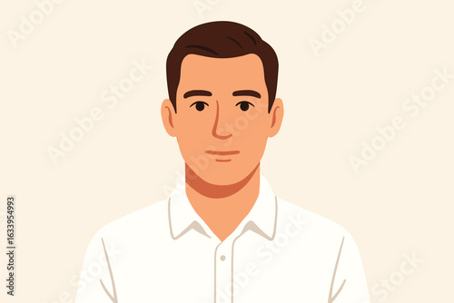 Male avatar portrait upper body front view. Vector illustration man in white shirt. Simple flat design male character. Business professional, blank template, profile image, isolated background