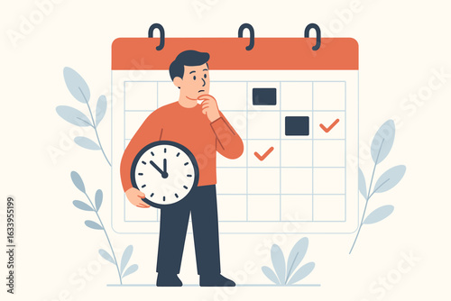 Time management concept. Man planning weekly and monthly schedule, holding clock, organizing agenda, making checklist, productivity, calendar, task management, efficiency, flat vector illustration