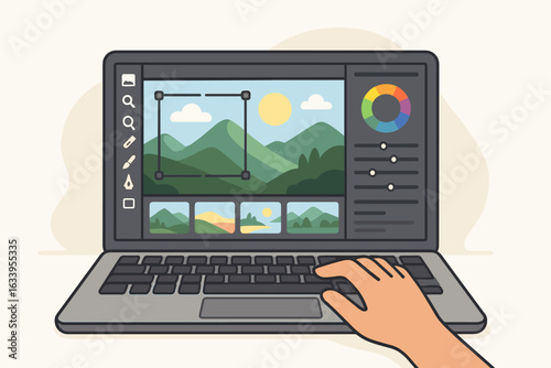 Digital photo retouching editing interface on laptop screen, photo editing software with color wheel, user tools, landscape image, graphic design workspace, creative vector illustration