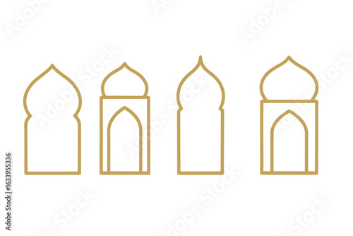 Islamic mosque arch window outline vector set, golden minimal line art, Arabic architectural elements, Middle Eastern ornament, Islamic cultural symbols, mosque entrance frames, vector illustration