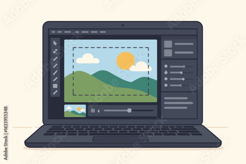 Laptop computer screen with photo editing software interface, digital landscape image, vector graphic. Photo retouching, adjustment tools, user interface, creative graphic design concept.