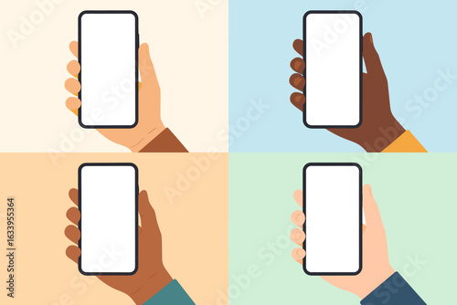 Diverse hands holding blank smartphones isolated on colorful backgrounds, vector phone mockup set, technology concept, empty screen design template for app preview, user diversity illustration