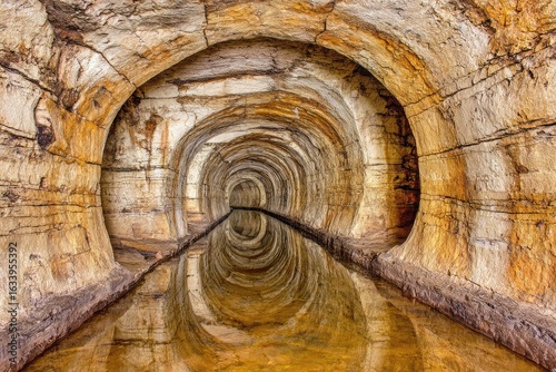 Stone tunnel reflecting in still water