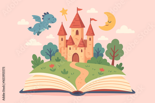 Fairytale Storybook Magic Opened, Dreamy Castle, Cute Flying Dragon, Fantasy World, Enchanted Imagination, Children’s Literature Adventure, Whimsical Nature, Reading Joy, Vector Illustration