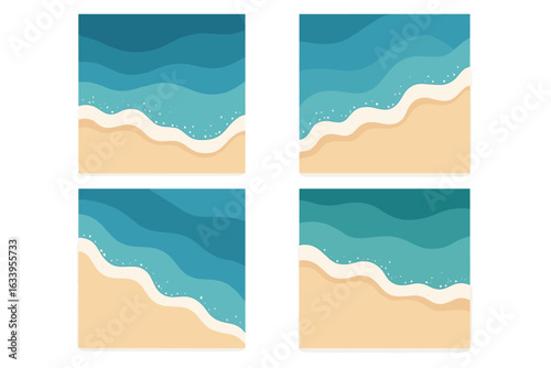 Abstract aerial view of ocean waves and sandy beach. Modern sea background set. Coastal shoreline surf patterns. Blue water, tropical holiday, travel banner, summer seaside poster vector art