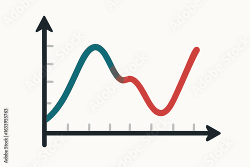 Dynamic rising and falling line graph illustration, vector chart template, business trend analytics concept, financial up and down data curve, colorful infographic element, isolated white background