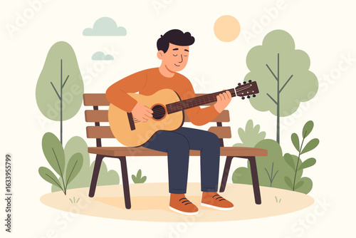 Man playing guitar outdoors on park bench, person practicing and playing acoustic music alone in nature, peaceful musician enjoying instrumental hobby in open green park
