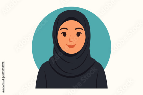 Portrait of Muslim woman in hijab vector illustration, female face and upper body. Flat design with teal background, cartoon style, modest fashion, cultural and religious attire, vector art