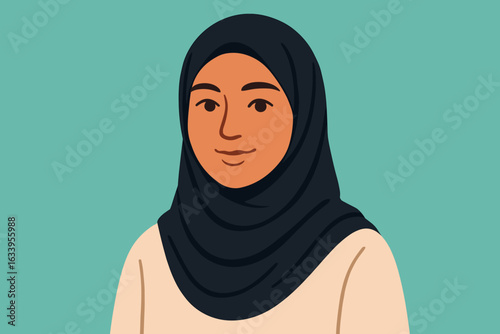 Muslim woman in hijab vector illustration. Modern female portrait, headscarf, modest fashion, Middle Eastern, Islamic culture, flat cartoon style, diverse community, facial expression, teal background