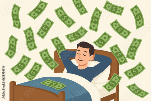 Passive income wealth, earning money while you sleep, financial freedom, rich lifestyle, investment success, man relaxing in bed with dollar bills raining, effortless money, modern business concept