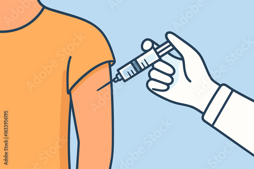 Vaccination injection in arm vector illustration, syringe administered in upper arm, doctor giving immunization, medical prevention, healthcare, immunity development, clinic vaccination, flat design