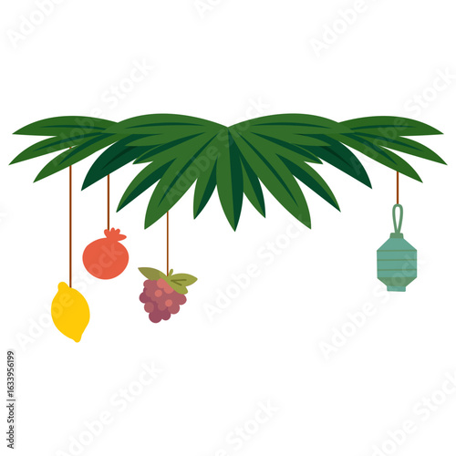 Traditional Sukkah for the Jewish Holiday Sukkot. Tropical palm tree leaves frame, colorful bunting, garlands, paper lanterns decoration.