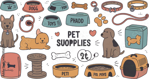 Illustration of various pet supplies including dogs bowls collars and other dog related items
