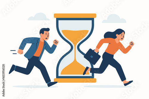 Business deadline pressure, two businesspeople running, man and woman late for work, racing against time, hourglass symbolizing urgency, time management, stress, flat vector illustration