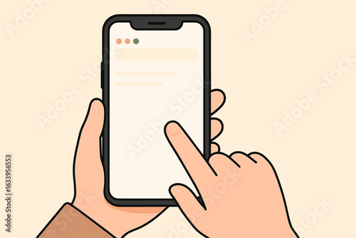 Smartphone mockup with hand holding phone and finger touching screen. Blank user interface, browsing, mobile web, UI interaction concept. Flat vector illustration, beige background, device template.