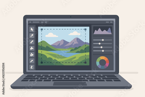 Digital photo retouching and editing software interface on laptop screen, landscape picture editing, professional graphic design, color correction, creative workflow, modern vector illustration