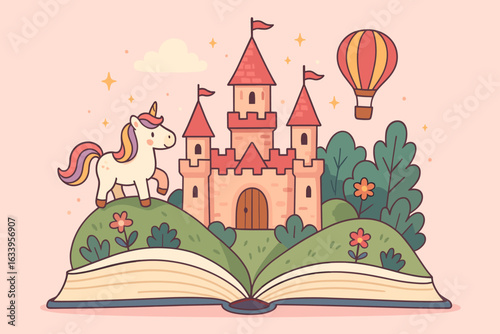 Open Book with Magical Fairy Tale Castle, Adorable Unicorn, Hot Air Balloon, Fantasy Forest and Flowers, Dreamland Storytelling, Imagination Reading Adventure, Enchanted Children’s Literature Scene