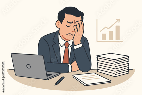 Frustrated businessman overwhelmed by paperwork at office desk, hand covering face, bored and unsatisfied with slow progress, lack of business growth, bureaucracy, flat vector illustration