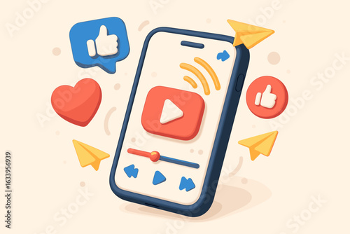 3D cartoon smartphone with viral video and social media icons, play button, likes, paper planes, influencer marketing, viral content, social sharing, video streaming, mobile engagement concept vector