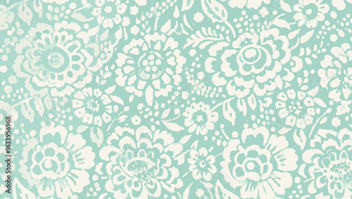 Floral pattern with white flowers and leaves on a light green background creating a vintage design