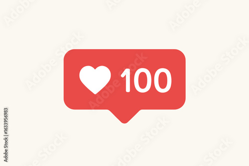 Social media like icon, red notification bubble, heart symbol, 100 likes count, flat vector design, web interface, social network, digital engagement, online popularity, influencer marketing concept