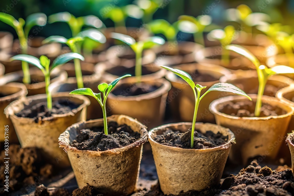 Young seedlings growing in biodegradable pots under warm sunlight Young seedlings growing in biodegradable pots under warm sunlight