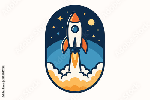 Vector illustration of space rocket blasting off into starry night sky, launch pad scene, cartoon spaceship launch logo design, modern flat style, interstellar exploration, science and technology