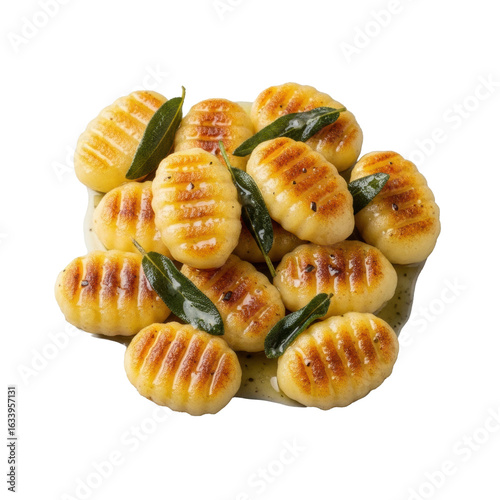 Pan-seared Italian potato gnocchi, golden brown crispy exterior, soft interior, rich glossy sage butter sauce with vibrant leaves, isolated on transparent, appetizing perfection