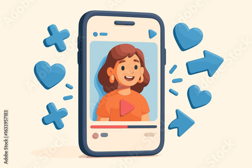 Viral Social Media Video Smartphone 3D Cartoon Vector. Influencer Content Sharing, Online Engagement, Reactions. Mobile Vlogging, Internet Fame, Multimedia Post, Digital Community Connection