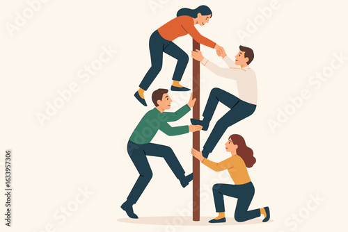 Teamwork success metaphor. Businesspeople teamwork climb pole, helping each other, support, collaboration. Team building, leadership, partnership, employee assistance. Office cooperation flat vector