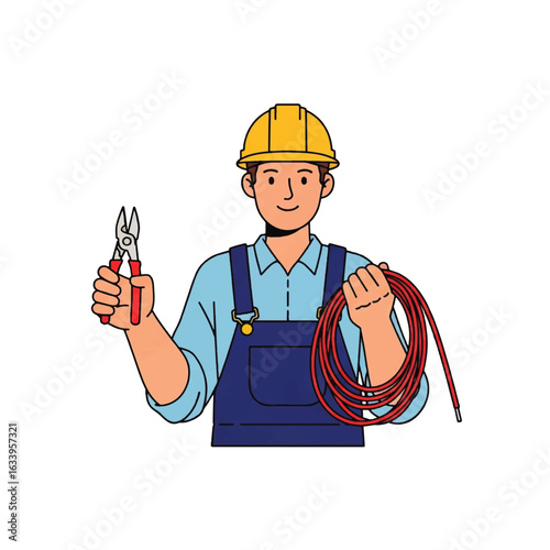 A cheerful electrician in work attire holds wire and pliers, ready for a job.