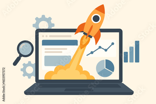 Startup launch concept, rocket blasting out of laptop, growth analytics, business strategy, marketing success, innovation, productivity, gear magnifier, vector cartoon illustration