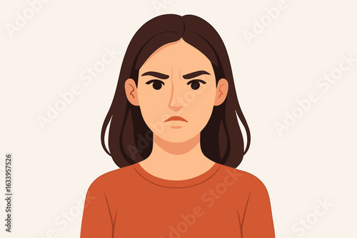 Female avatar illustration, vector portrait of woman with long dark hair and orange shirt, upper body and headshot, professional character design, flat cartoon style, modern people character concept