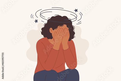 Burnout and Anxiety in Women. Dizzy Female Illustration. Depressed, stressed woman with hands covering face. Mental health crisis, emotional exhaustion, fatigue, psychological distress vector concept