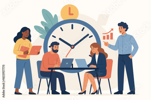 Business Team Collaboration Productivity Deadline Concept. Office Workers Brainstorming, Project Management, Time Management, Corporate Planning, Multicultural Staff, Workplace Strategy, Flat Vector