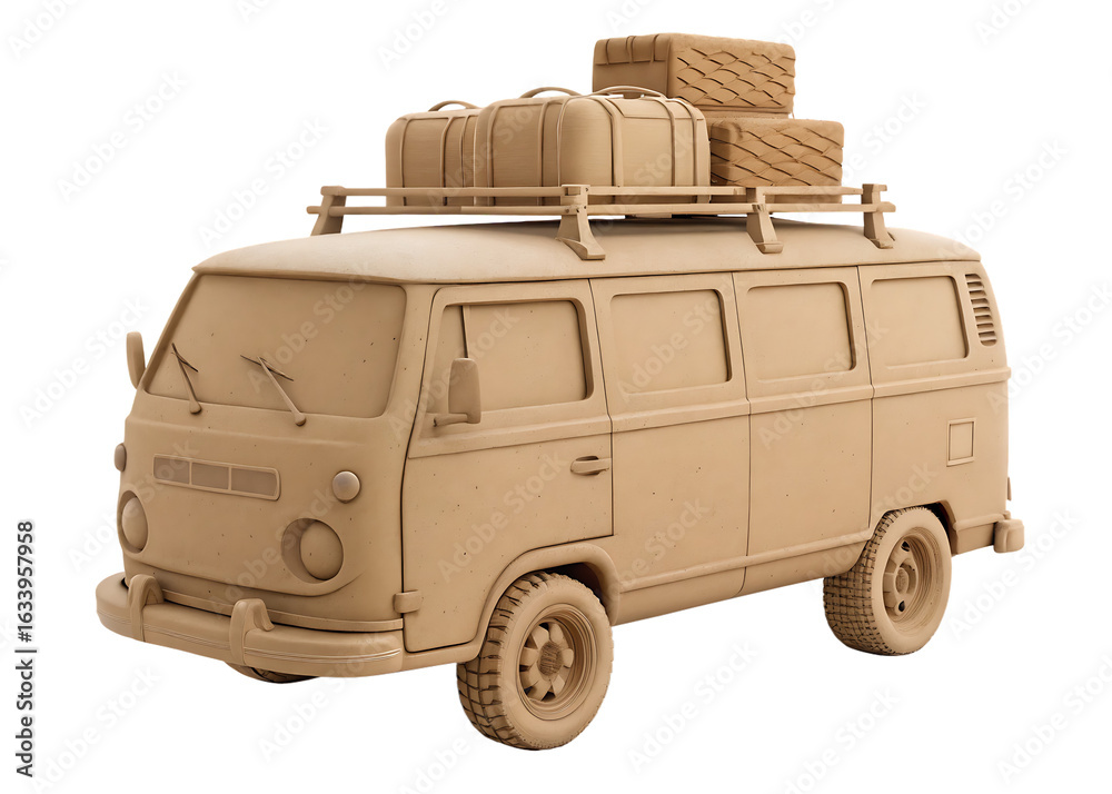 Obraz premium Clay style travel van with luggage on roof rack isolated on a transparent background image